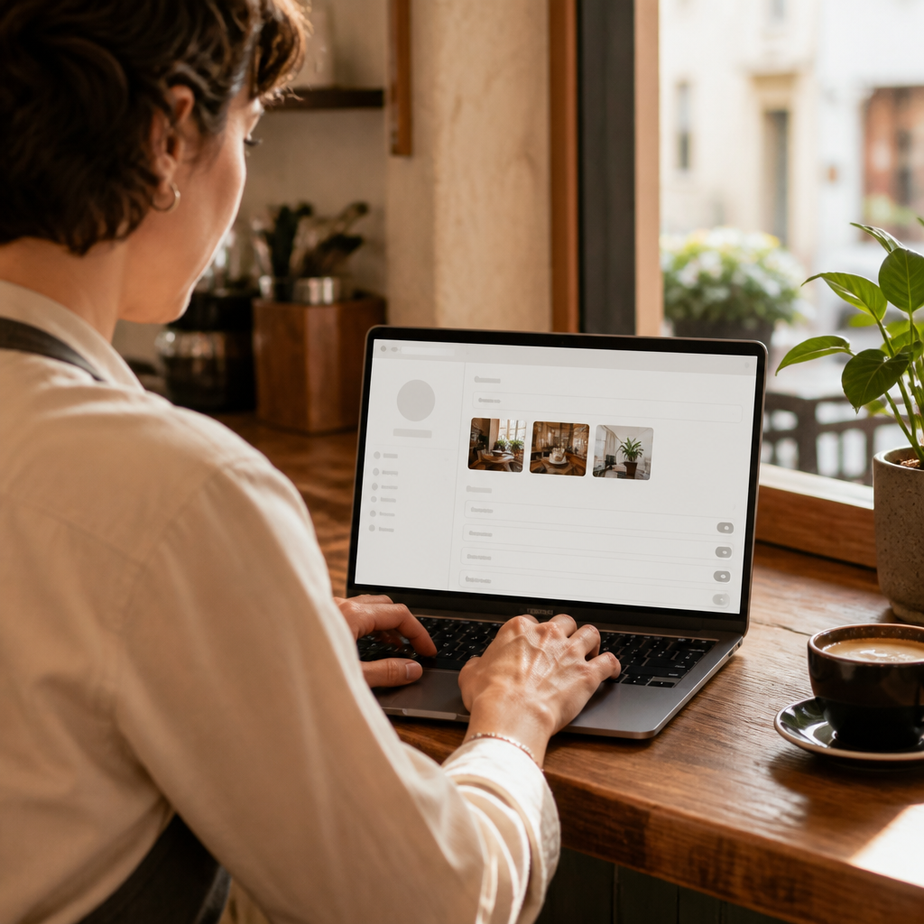 Cafe owner setting up a business profile on a laptop.