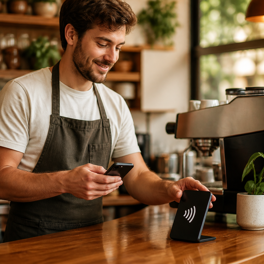 Cafe owner placing an NFC feedback stand on the counter.